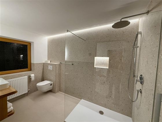 Ein modernes Badezimmer mit einer großen Dusche und Glasabtrennung. Die Wände sind in neutralen Farbtönen gehalten, und ein Fenster sorgt für Tageslicht.