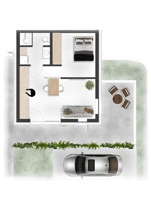 Ein Grundriss eines modernen Hauses mit verschiedenen Räumen. Draußen sind ein Parkplatz und eine Sitzgruppe im Freien.
