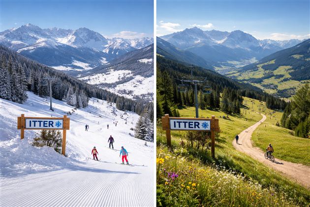 Een adembenemend winterlandschap met skiërs op de piste en besneeuwde bergen. In de zomer straalt de groene natuur met fietsers op een schilderachtige weg.