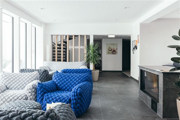 Een moderne woonkamer met gezellige blauwe en grijze stoelen. Grote ramen laten veel licht binnen en een groene plant zorgt voor frisheid.