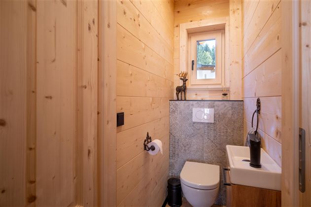 Een kleine badkamer met houten wandbekleding en ramen. Het bevat een toilet en een modern wastafel.