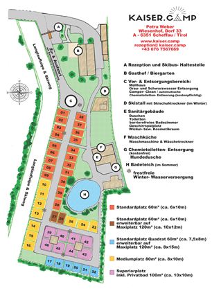 A map of the Emperor's Camps with various campsites and facilities. The legend shows the location of sanitary facilities, the bathing area, and other important points.