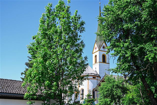 A church with a tall tower, surrounded by green trees. The sky is clear and blue.