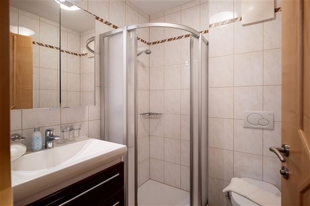 Een moderne badkamer met een douche en een wastafel. De muren zijn betegeld en er is een spiegel boven de wastafel.