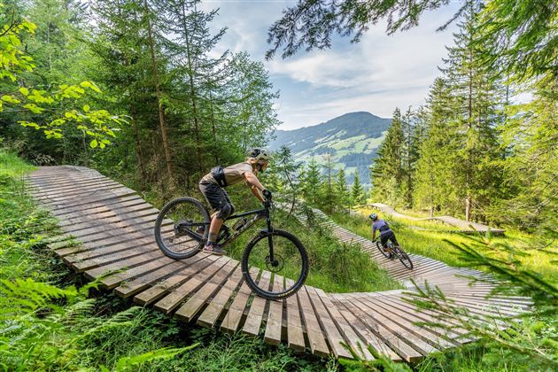 Zwei Mountainbiker fahren auf einem Holzweg durch einen grünen Wald. Im Hintergrund sind Berge und ein klarer Himmel zu sehen.