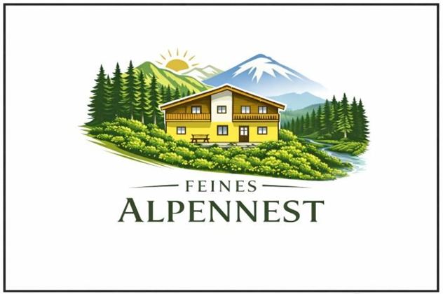 Ein gemütliches gelbes Haus in den Alpen, umgeben von grünen Bäumen und Bergen. Die Sonne scheint im Hintergrund, was eine einladende Atmosphäre schafft.