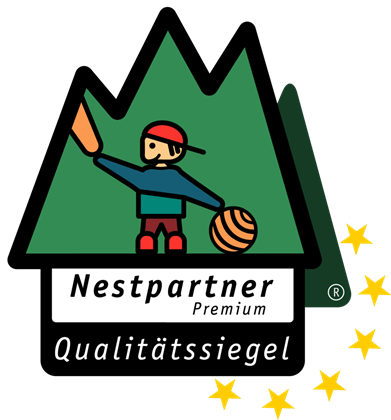 A symbol featuring a player holding a racket, in front of stylized mountains. The design includes a quality logo with stars.