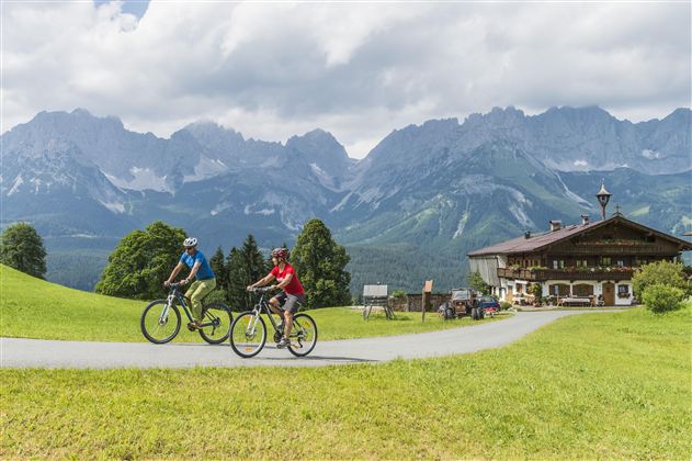 Two cyclists ride on a path through a green landscape. In the background, there are majestic mountains and a traditional mountain house visible.