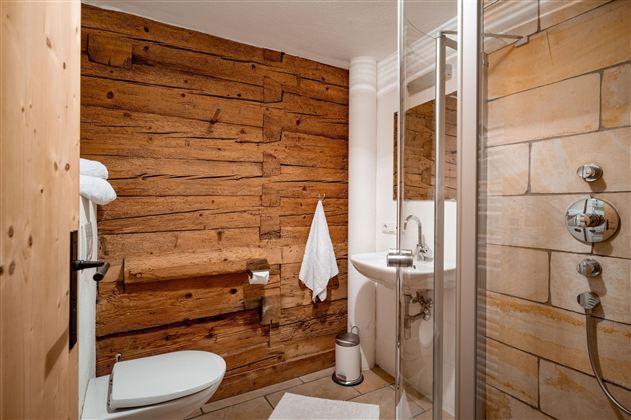 Ein modernes Badezimmer mit Holzpaneelen und einer Dusche aus Glas. Die Einrichtung ist schlicht und sauber.