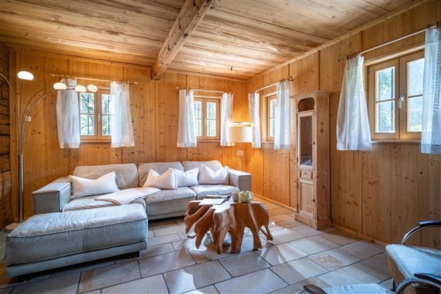Ein gemütlicher Wohnraum mit Holzwänden und großen Fenstern. Die Einrichtung umfasst ein graues Sofa, einen modernen Couchtisch und einen angenehmen Lichteinfall.
