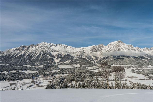 Eine winterliche Berglandschaft mit schneebedeckten Gipfeln und klar blauem Himmel. Im Vordergrund sind verschneite Hügel und Bäume sichtbar.