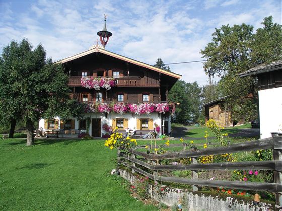 Een traditioneel chalet met een houten gevel en kleurrijke bloembalkons. Omgeven door groene weilanden en bomen, straalt de omgeving een landelijke idylle uit.
