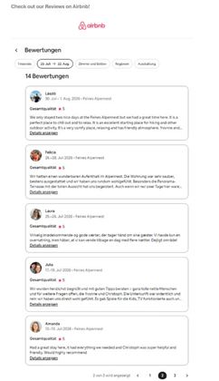 Een overzicht van beoordelingen voor een vakantiehuis op Airbnb. De beoordelingen zijn positief en bieden inzicht in de ervaringen van de gasten.