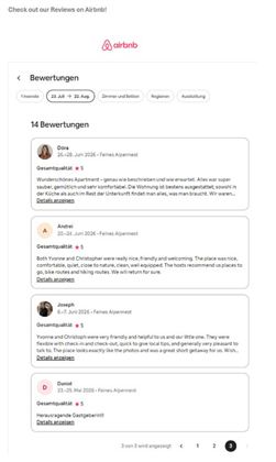 Een overzicht van beoordelingen voor een Airbnb-accommodatie. De beoordelingen tonen de tevredenheid van de gasten over hun verblijf en de service.