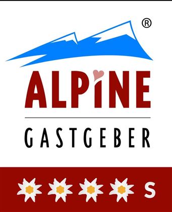 A logo featuring the inscription "ALPINE GASTGEBER" and stylized mountains. It also includes edelweiss flowers and a heart-shaped accent.