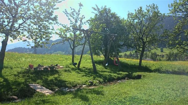 Een mooie tuin met groene weiden en talloze bomen. Op de achtergrond zijn een schommel en een kleine beek te zien.