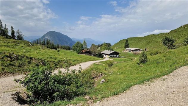 Een rustige landschap met groene weilanden en traditionele hutjes. Op de achtergrond zijn bergen onder een blauwe lucht zichtbaar.