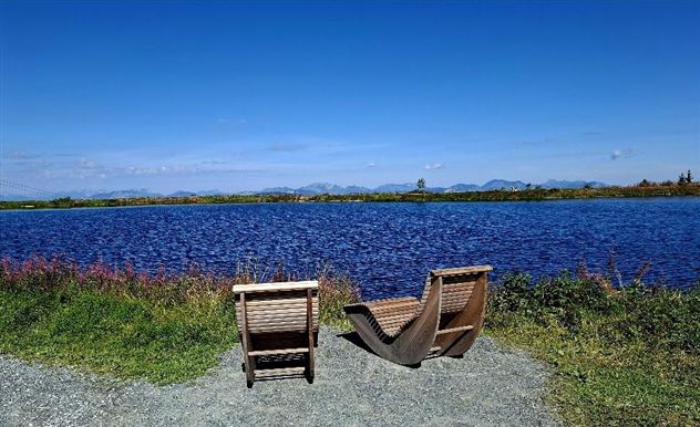 Twee comfortabele ligstoelen staan aan de oever van een rustig water. Het is een zonnige dag met een heldere lucht en groene omgeving.