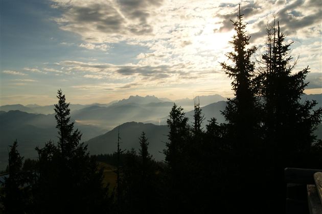 Ein malerischer Bergblick mit hohen Tannen und einem bewölkten Himmel. Die sanften Hügel erstrecken sich in der Ferne.