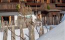 A snow-covered garden with a wooden fence in the foreground. In the background, you can see a traditional, rustic house.
