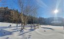 A winter landscape with snow-covered ground and a clear blue sky. The sun shines over the trees and a small cabin in the background.