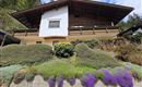 Ein zweigeschossiges Haus mit Holzverkleidung und Balkon. Der Garten ist mit bunten Blumen und Sträuchern bepflanzt.