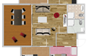 Eine moderne Wohnraumgestaltung mit mehreren Zimmern. Der Grundriss zeigt einen offenen Wohn- und Essbereich sowie zwei Schlafzimmer.