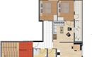 Eine Grundrisszeichnung einer Wohnung mit zwei Schlafzimmern, einem Badezimmer und einem offenen Wohnbereich. Der Balkon ist ebenfalls eingezeichnet.