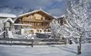 A cozy wooden house in the snow, surrounded by snow-covered trees. The sky is clear and the landscape looks peaceful.