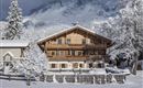 A charming wooden house in the snow, surrounded by snow-covered trees. Majestic mountains are visible in the background.