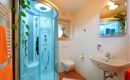 A modern bathroom with a shower cubicle and a sink. There are plants and orange towels that add a fresh accent.