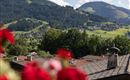 Eine malerische Berglandschaft mit grünen Hügeln und einem klaren Himmel. Im Vordergrund sind blühende Blumen und Dächer von Häusern zu sehen.<br/>Zeigt den Ausblick auf Ellmau vom Balkon aus.