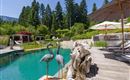 Außenbereich des Hotel Alpenpanorama mit Naturpool, Holzdeck, Felsenlandschaft und Sonnenliegen inmitten grüner Umgebung.
