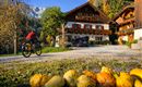 A cyclist rides along a gravel path past a traditional house and colorful pumpkins. The landscape is surrounded by trees and mountains, showcasing an autumn atmosphere.