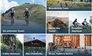 A collage of activities in the mountains featuring cyclists on various trails. The images showcase mountain biking, e-bike adventures, and options for accommodations and rentals.