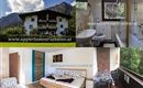 A cozy holiday apartment in the mountains with modern amenities. The pictures show the exterior design, the bathroom, and the sleeping area of the accommodation.