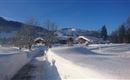 A snowy landscape with gentle hills and trees. In the background, mountains can be seen under a clear blue sky.