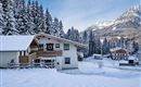 A beautiful house in the snow, surrounded by tall fir trees. Snow-covered mountains are visible in the background.