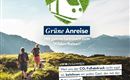 A couple hikes in the mountains with a picturesque landscape in the background. The text promotes sustainable travel by train to the Wilder Kaiser.