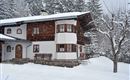 A beautiful chalet in the snow, surrounded by snow-covered trees. The windows are inviting, and large snowflakes are falling.