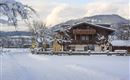A cozy house in the snow, surrounded by a wintry landscape. The trees are covered in snow, and the atmosphere is calm and peaceful.
