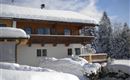 A cozy house in the snow with a wooden balcony. All around, the landscape is surrounded by snow-covered trees.