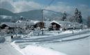 A snowy landscape with cozy wooden houses and snow-covered trees. The clear sky and mountain backdrop give the scene a tranquil atmosphere.
