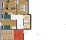 Eine Grundrisszeichnung einer Wohnung mit mehreren Zimmern. Der Plan zeigt Wohnzimmer, Schlafzimmer und eine Treppe im unteren Bereich.