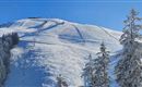 A snowy mountain landscape with ski tracks and trees. The sky is clear and blue, ideal for winter sports.