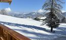 A beautiful winter view with snow-covered fields and a clear blue sky. In the foreground stands a mighty tree and a wooden porch.