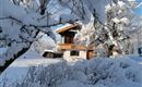 A charming wooden house in winter, surrounded by snow-covered trees. The landscape is tranquil and idyllic with fresh, white snow.