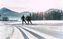 Two skiers glide through a snowy landscape. In the background, mountains and coniferous trees are visible as the sun rises.