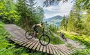 Zwei Mountainbiker fahren auf einem Holzweg durch einen grünen Wald. Im Hintergrund sind Berge und ein klarer Himmel zu sehen.