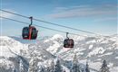 Eine Seilbahn fährt über schneebedeckte Berge. Die Landschaft ist geprägt von winterlichen Tannen und weitem Himmel.